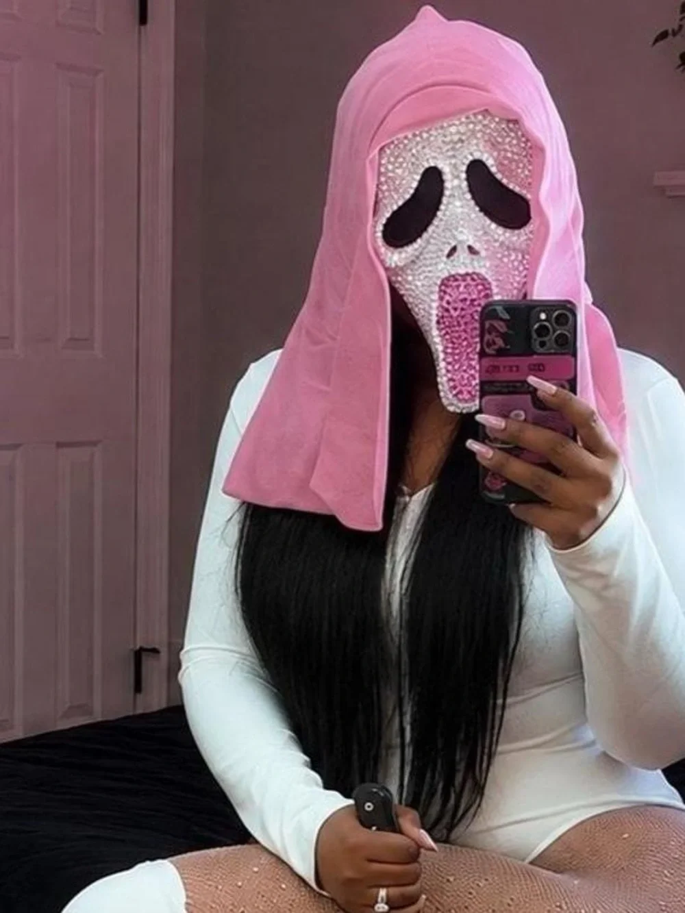 Light Rose Pink Crystal Diamond Sparkly Ghost Face Scream Horror Mask New